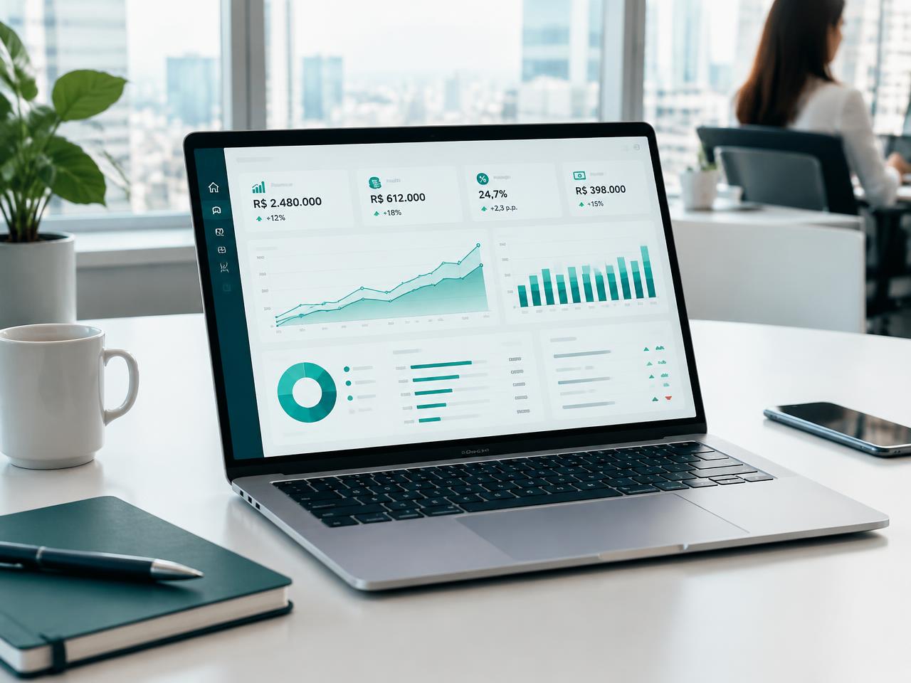 Notebook exibindo um painel financeiro gerencial